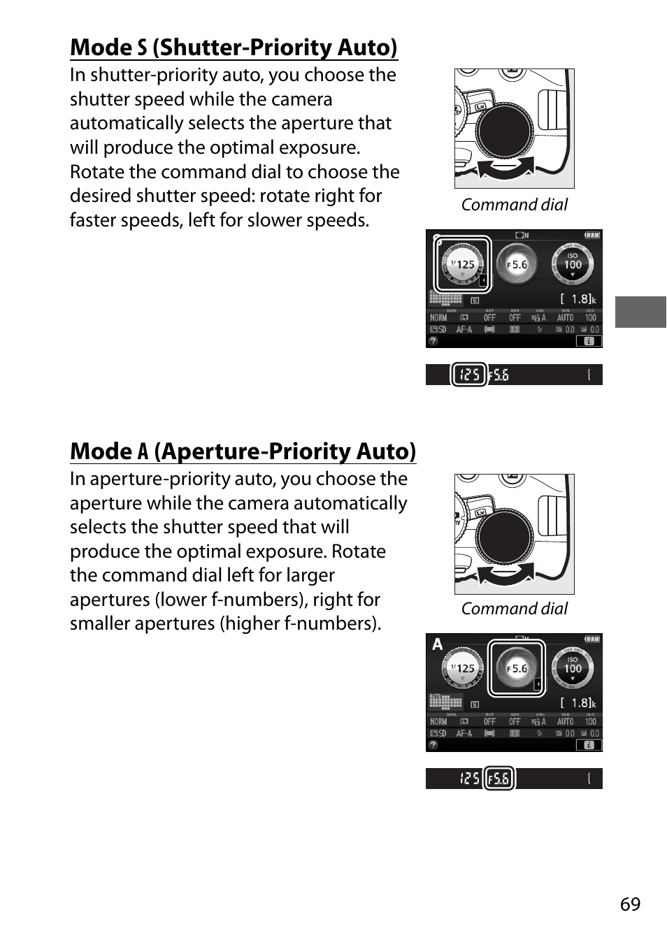 Mode s (shutter-priority auto), Mode a (aperture-priority auto) | Nikon D5500 User Manual | Page 91 / 156