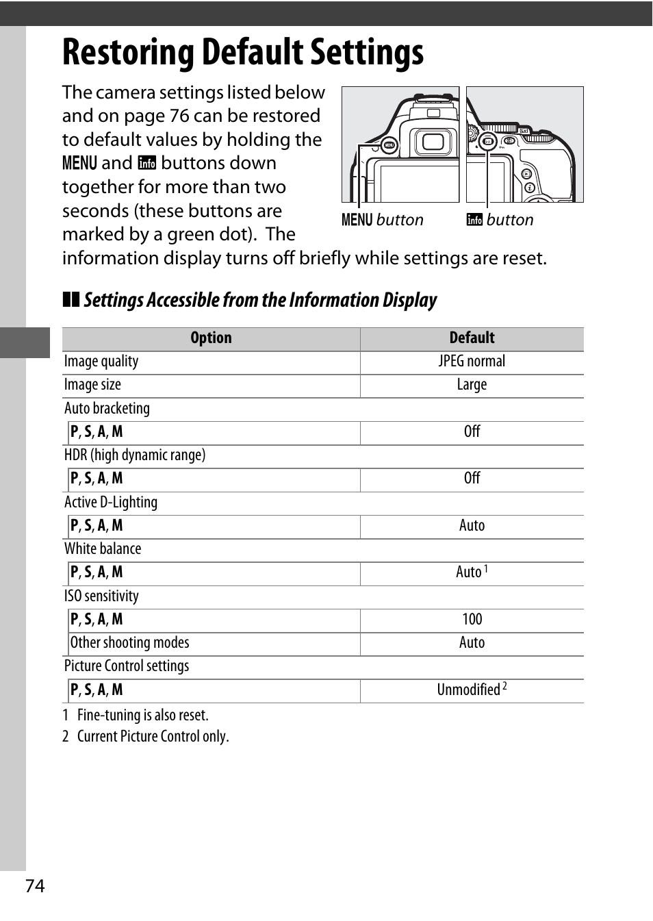 Restoring default settings, Settings accessible from the information display | Nikon D5500 User Manual | Page 96 / 156