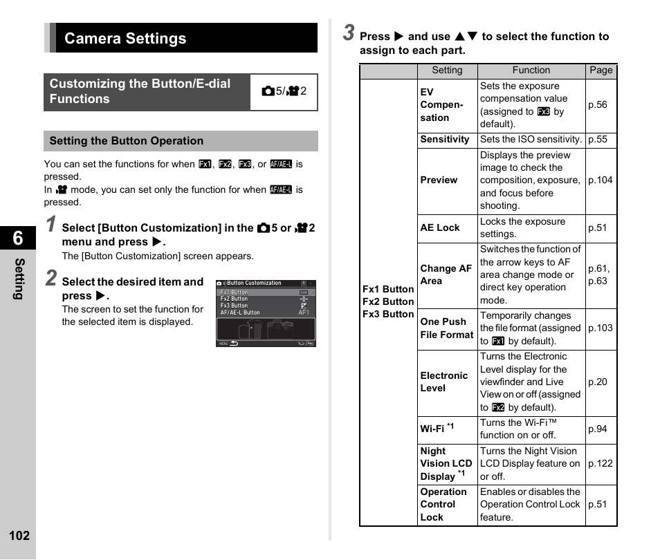 Changing the settings, Camera settings, Customizing the button/e-dial functions | Settings, P.102, P.102) | Ricoh Pentax КP User Manual | Page 104 / 148