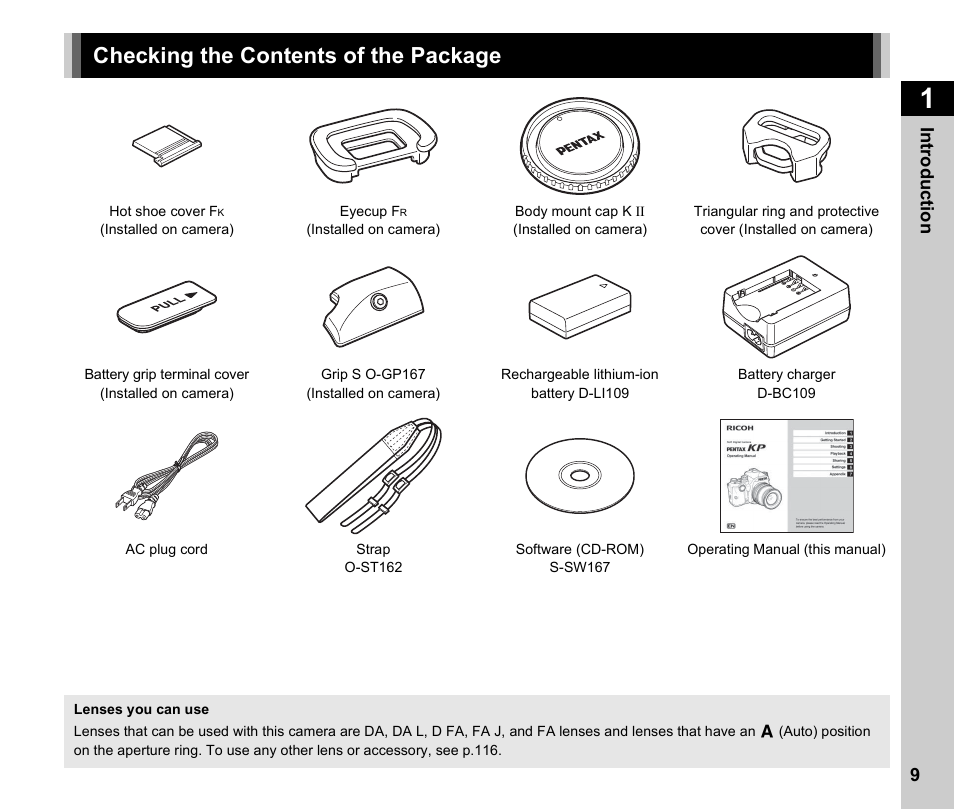 Introducing the kp, Checking the contents of the package, Introduction | Checking the contents of the package .....p.9 | Ricoh Pentax КP User Manual | Page 11 / 148