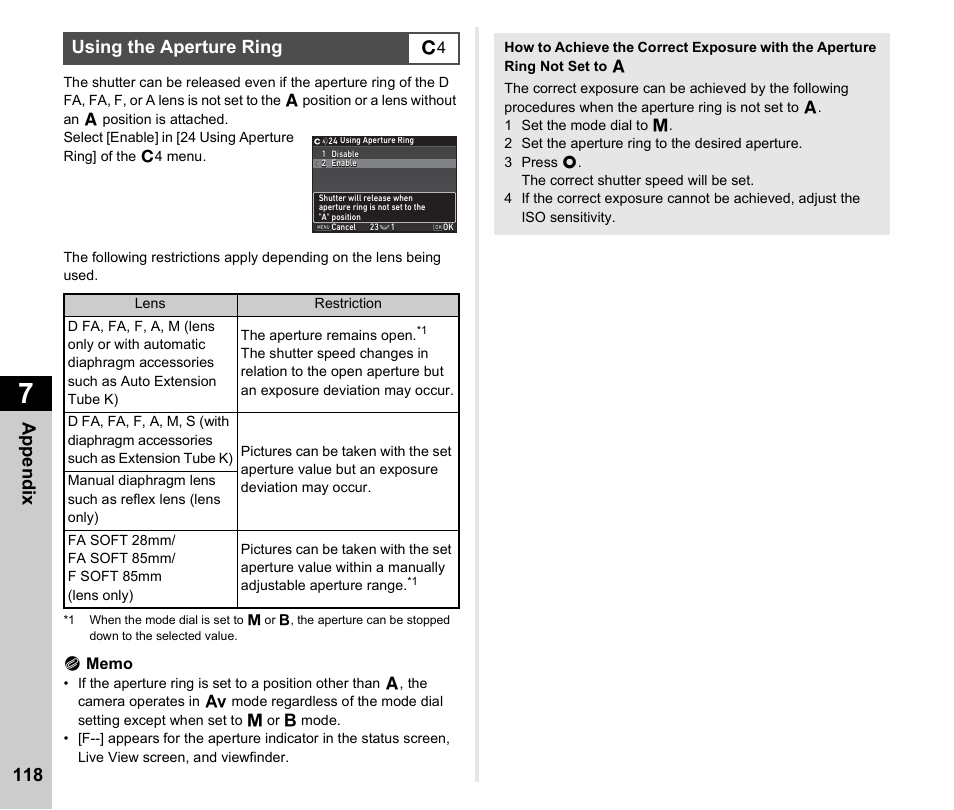 Using the aperture ring, P.118, Using the aperture ring” (p.118) fo | Appen d ix 118 | Ricoh Pentax КP User Manual | Page 120 / 148