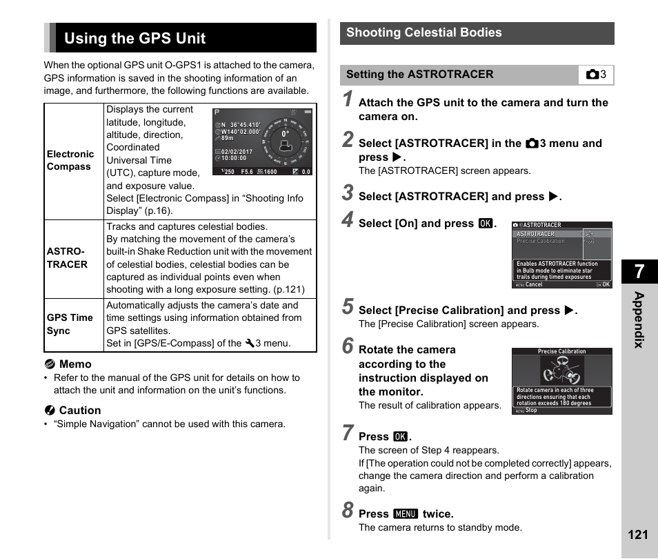 Using the gps unit, Shooting celestial bodies, P.121) | P.121, Appen d ix 121 | Ricoh Pentax КP User Manual | Page 123 / 148