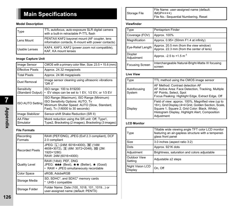 Main specifications, Appen d ix 126 | Ricoh Pentax КP User Manual | Page 128 / 148
