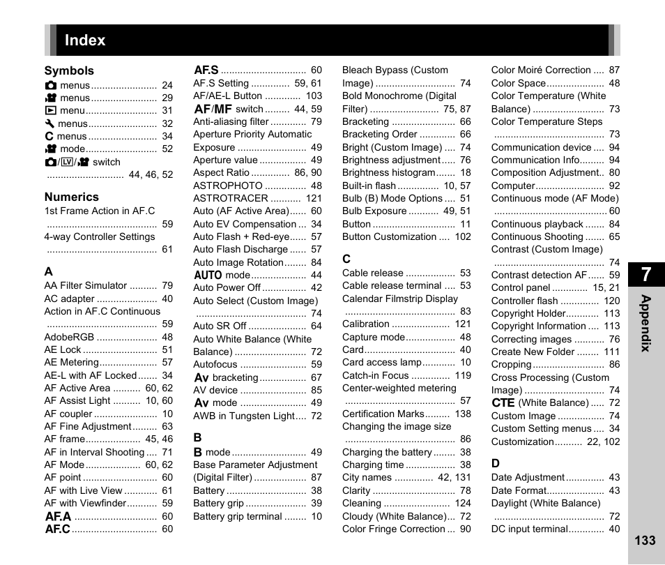 Index | Ricoh Pentax КP User Manual | Page 135 / 148
