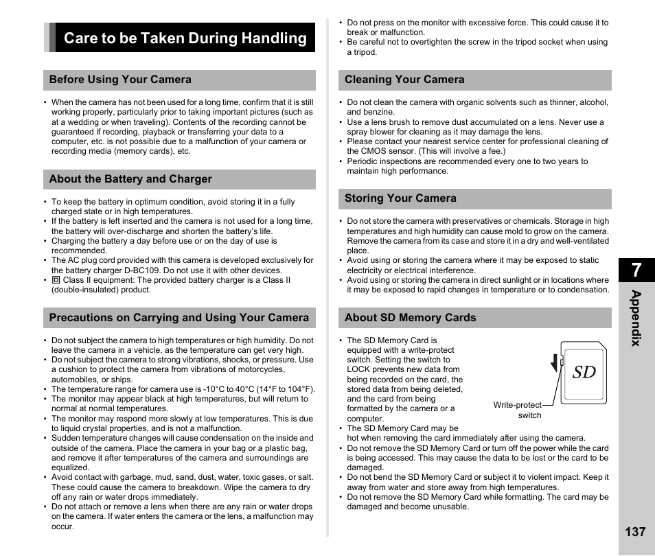 Care to be taken during handling, Care to be taken during handling ............p.137, 137 appen d ix | Ricoh Pentax КP User Manual | Page 139 / 148