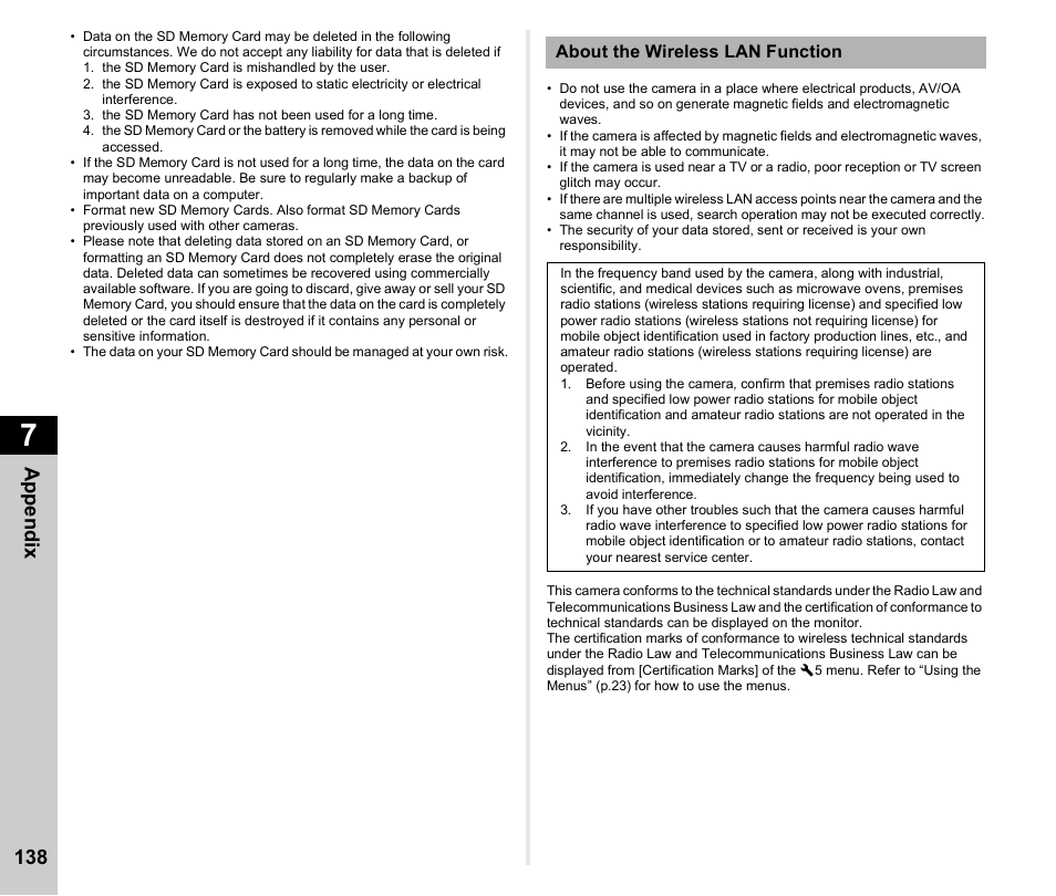P.138, Certification marks, 138 appen d ix | Ricoh Pentax КP User Manual | Page 140 / 148