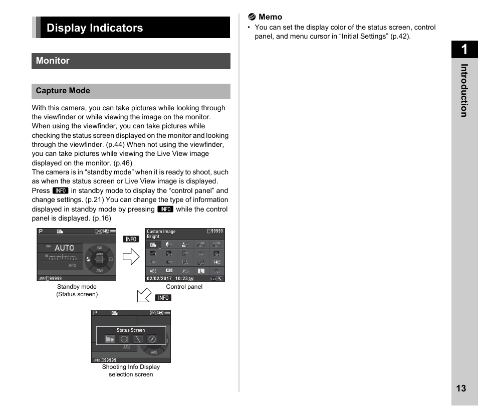 Display indicators, Monitor, P.13, p | Ricoh Pentax КP User Manual | Page 15 / 148