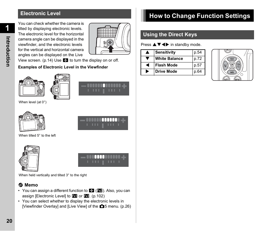 Electronic level, How to change function settings, Using the direct keys | How to change function settings .............p.20, P.20, P.20) | Ricoh Pentax КP User Manual | Page 22 / 148