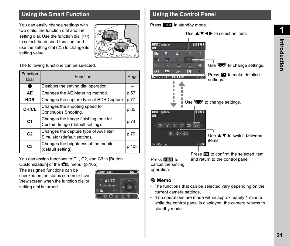 Using the smart function, Using the control panel, Using the smart function using the control panel | P.21, P.21), D. (p.21, P.21) y, Using the control panel” (p.21) | Ricoh Pentax КP User Manual | Page 23 / 148