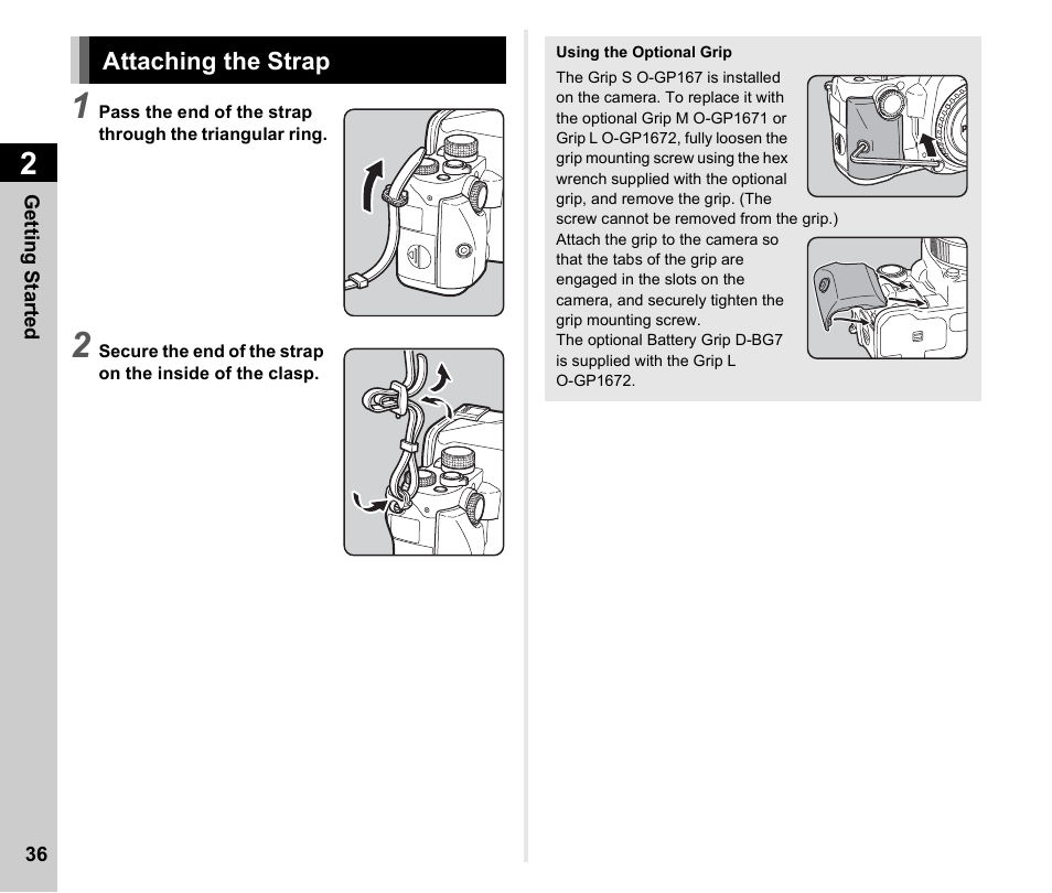 Getting started, Attaching the strap, P.36 | Ricoh Pentax КP User Manual | Page 38 / 148