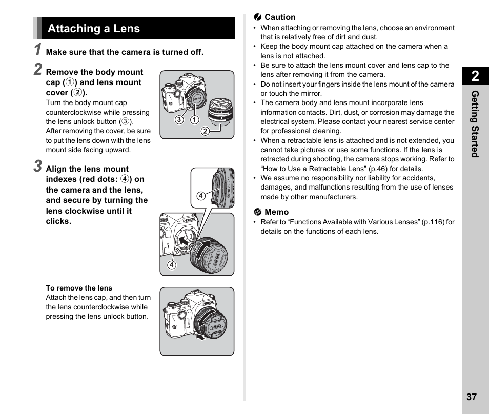 Attaching a lens | Ricoh Pentax КP User Manual | Page 39 / 148