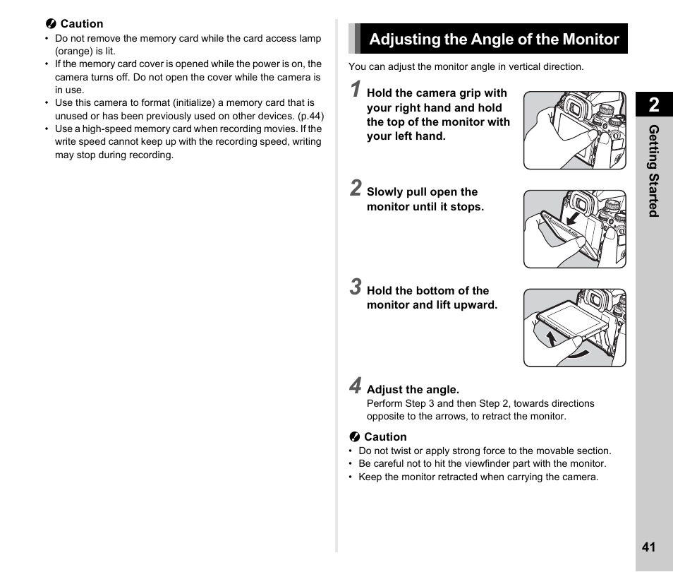 Adjusting the angle of the monitor, Adjusting the angle of the monitor ...........p.41 | Ricoh Pentax КP User Manual | Page 43 / 148