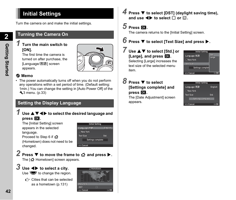 Initial settings, Turning the camera on, Setting the display language | Turning the camera on setting the display language, P.42), Initial settings” (p.42), P.42, Getting started 42 | Ricoh Pentax КP User Manual | Page 44 / 148