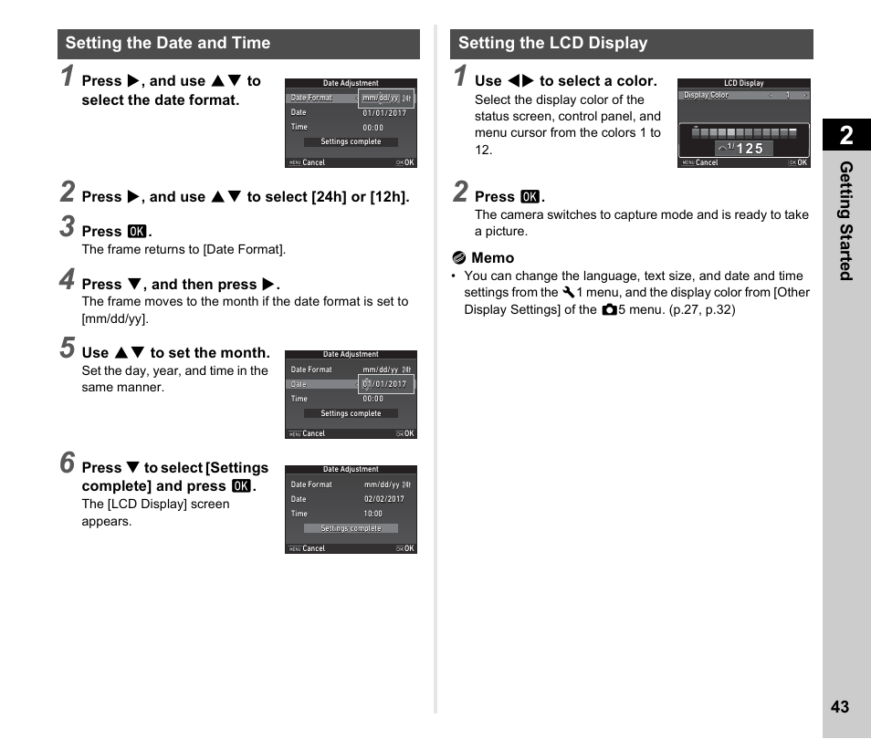 Setting the date and time, Setting the lcd display, Setting the date and time setting the lcd display | P.43, Getting started 43, Press d , and use ab to select the date format, Press d , and use ab to select [24h] or [12h, Press e, Press b , and then press d, Use ab to set the month | Ricoh Pentax КP User Manual | Page 45 / 148