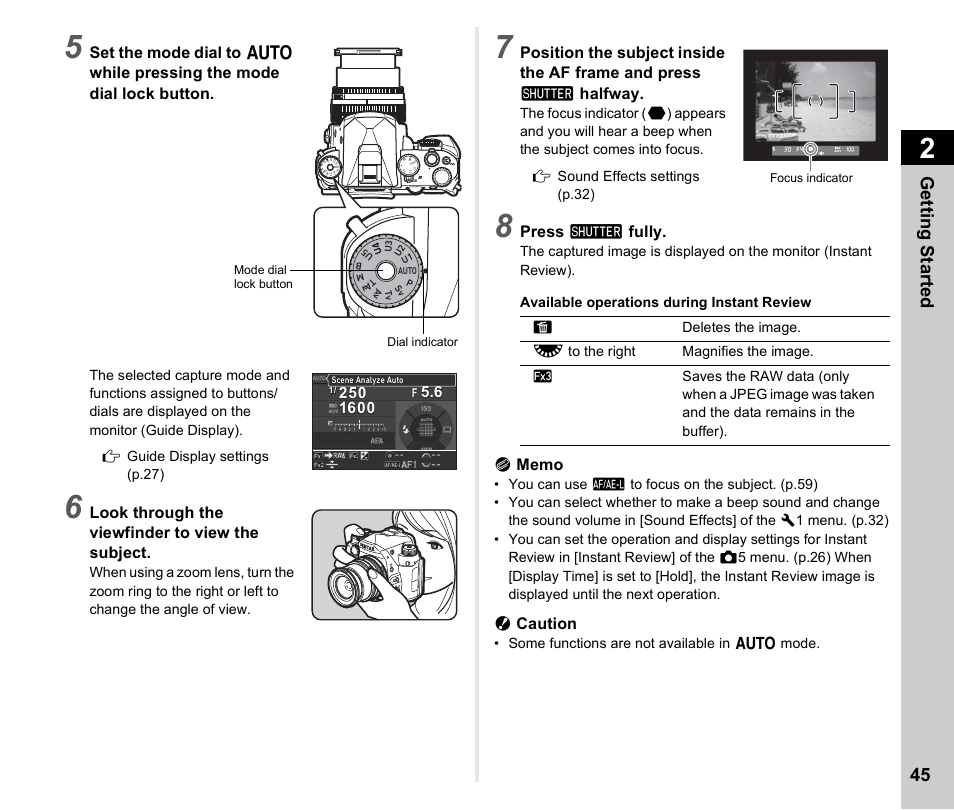 S. (p.45), P.45), P.45, p | P.45, Getting started 45, Look through the viewfinder to view the subject, Press 0 fully, Ucaution | Ricoh Pentax КP User Manual | Page 47 / 148