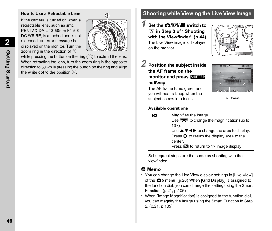 Shooting while viewing the live view image, R. (p.46, P.46 | Getting started 46 | Ricoh Pentax КP User Manual | Page 48 / 148