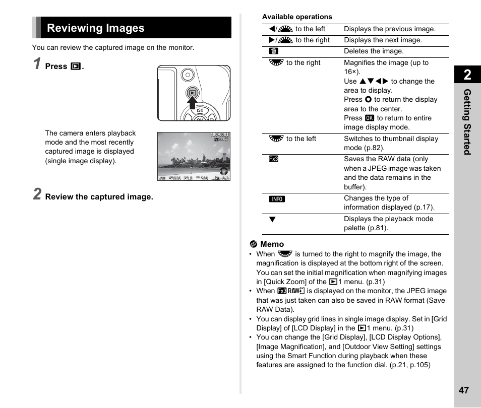 Reviewing images, P.47), S. (p.47) | P.47, Getting started 47 | Ricoh Pentax КP User Manual | Page 49 / 148