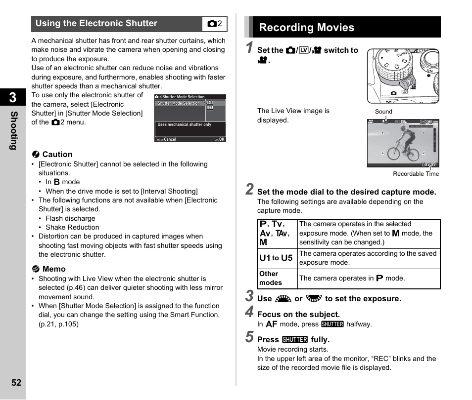 Using the electronic shutter, Recording movies, P.52) | P.52 | Ricoh Pentax КP User Manual | Page 54 / 148