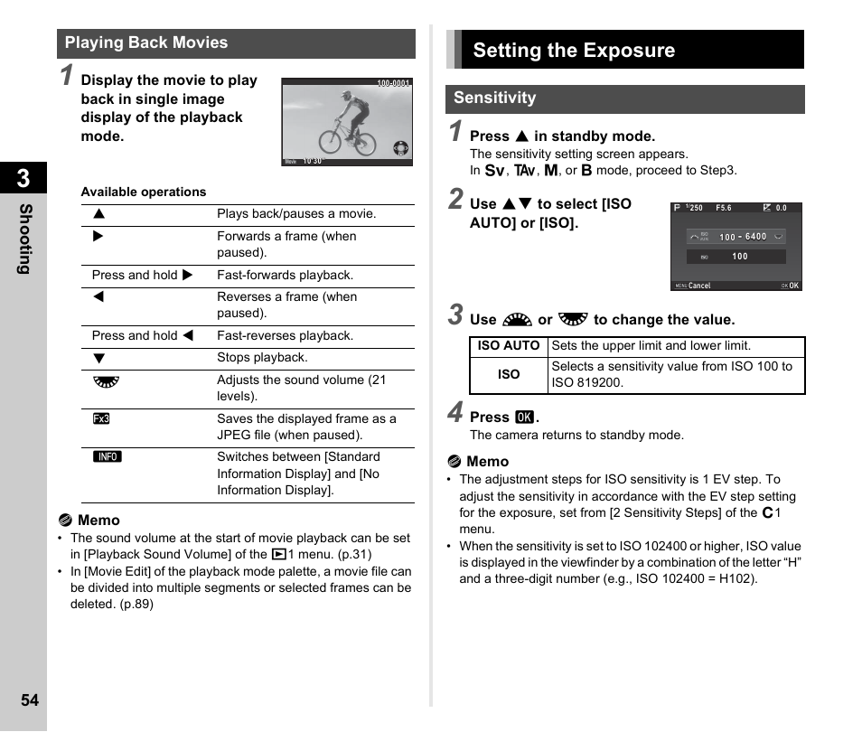 Playing back movies, Setting the exposure, Sensitivity | P.54), P.54, Shoo ting 54 | Ricoh Pentax КP User Manual | Page 56 / 148