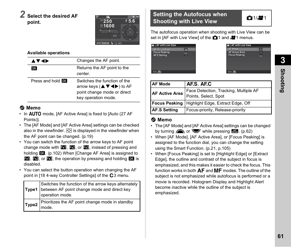 Setting the autofocus when shooting with live view, P.61, P.61) | Shoo ting 61 | Ricoh Pentax КP User Manual | Page 63 / 148