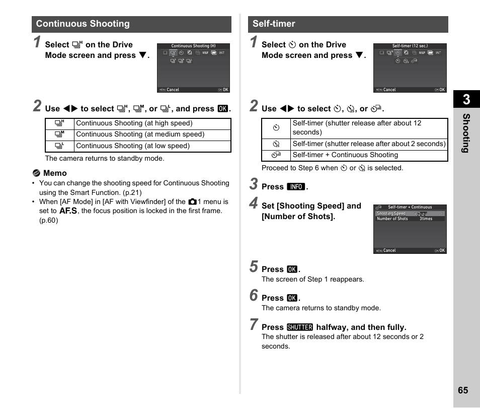 Continuous shooting, Self-timer, Continuous shooting self-timer | P.65, P.65), D. (p.65 | Ricoh Pentax КP User Manual | Page 67 / 148