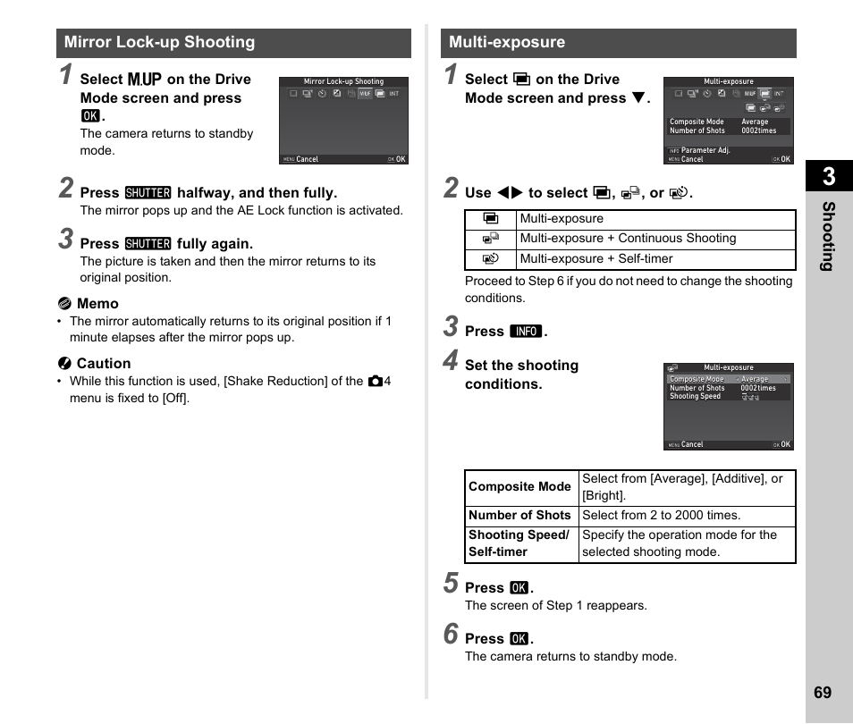 Mirror lock-up shooting, Multi-exposure, P.69) | P.69, Shoo ting 69 | Ricoh Pentax КP User Manual | Page 71 / 148