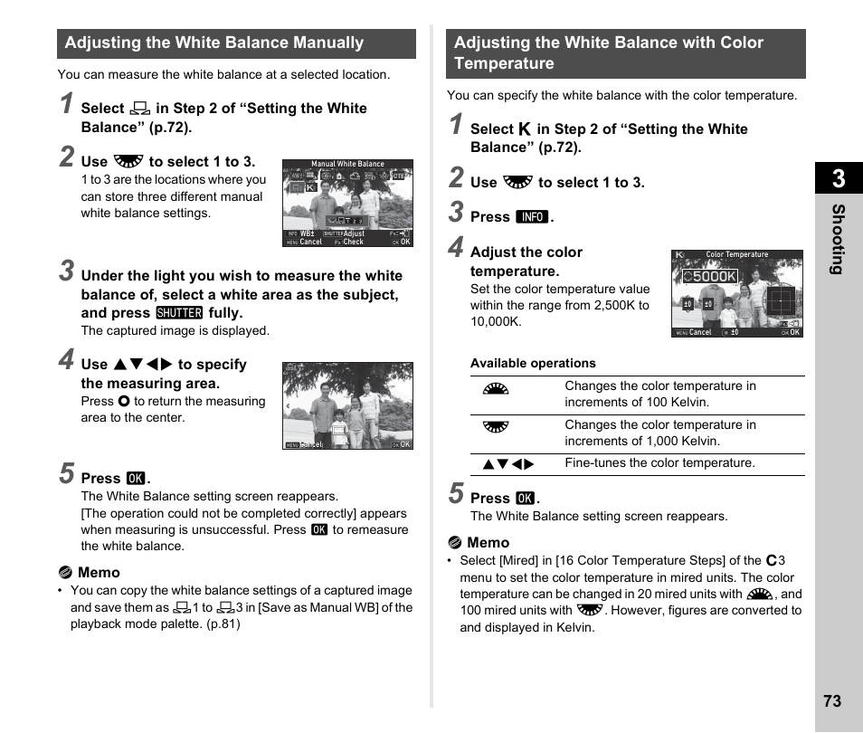 Adjusting the white balance manually, Adjusting the white balance with color temperature, P.73 | Ricoh Pentax КP User Manual | Page 75 / 148