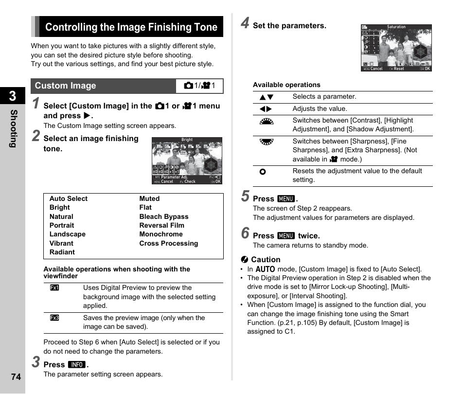 Controlling the image finishing tone, Custom image, Controlling the image finishing tone .......p.74 | P.74), P.74 | Ricoh Pentax КP User Manual | Page 76 / 148