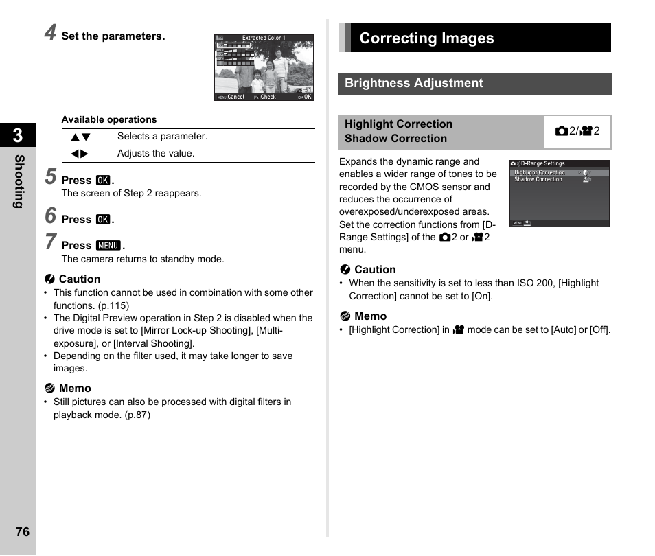 Correcting images, Brightness adjustment, P.76) | P.76 | Ricoh Pentax КP User Manual | Page 78 / 148