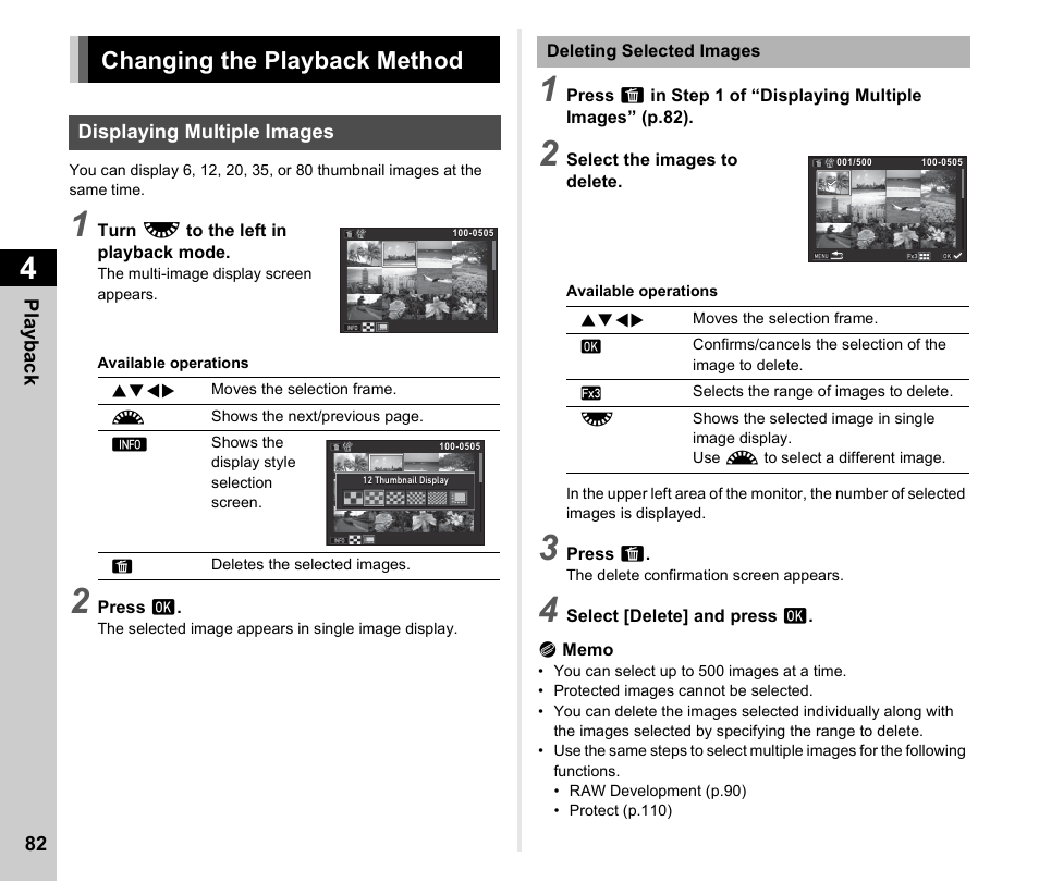 Changing the playback method, Displaying multiple images, Changing the playback method .................p.82 | P.82) | Ricoh Pentax КP User Manual | Page 84 / 148