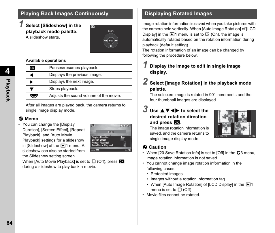 Playing back images continuously, Displaying rotated images, P.84) | P.84, Pla y ba ck 84 | Ricoh Pentax КP User Manual | Page 86 / 148