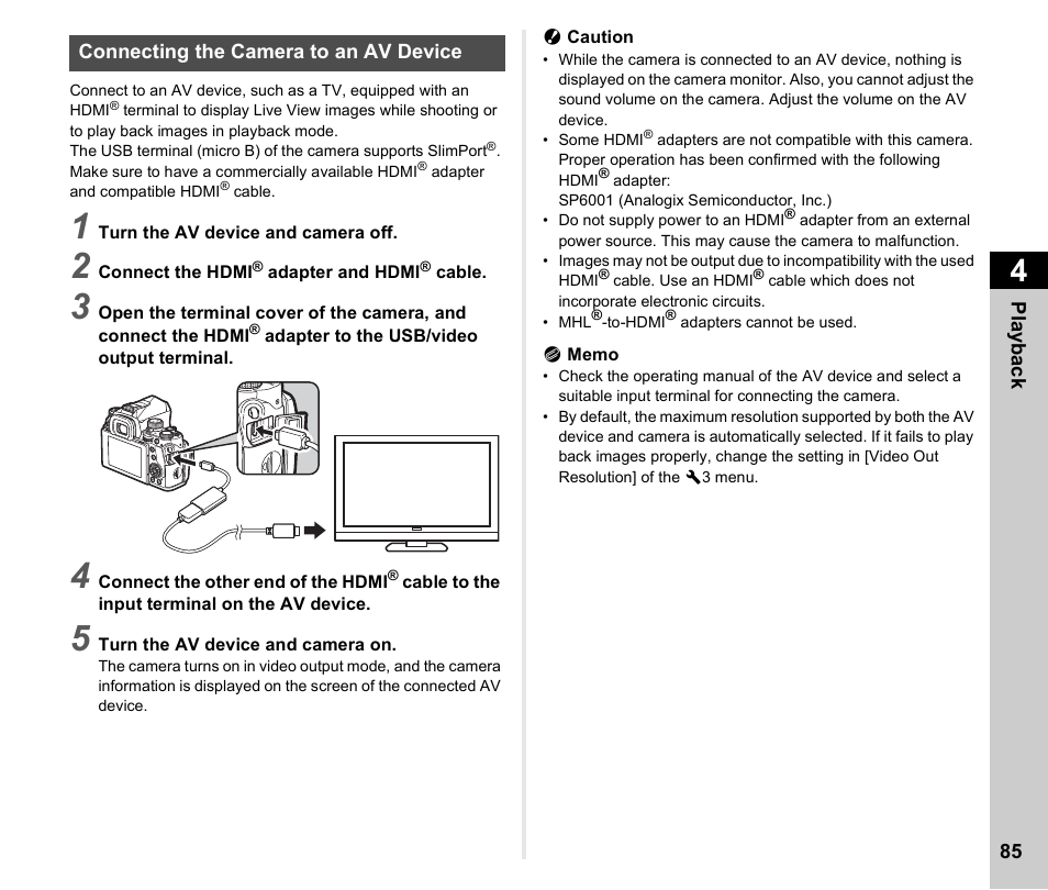 Connecting the camera to an av device, P.85 | Ricoh Pentax КP User Manual | Page 87 / 148