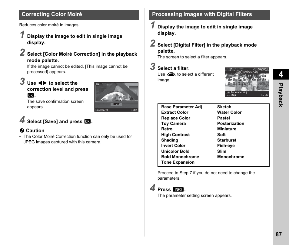 Correcting color moiré, Processing images with digital filters, P.87) | P.87 | Ricoh Pentax КP User Manual | Page 89 / 148