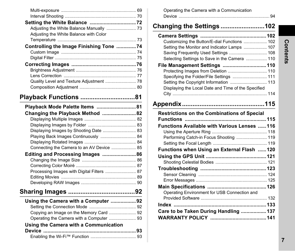 Playback functions, Sharing images, Changing the settings | Appendix | Ricoh Pentax КP User Manual | Page 9 / 148
