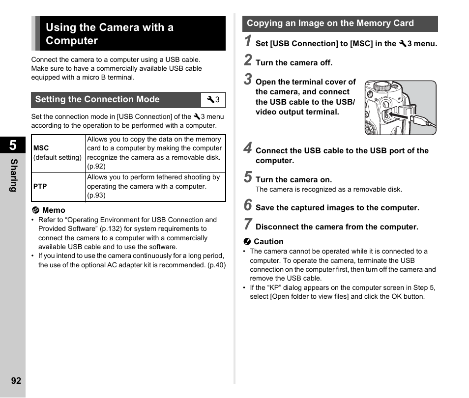 Sharing images, Using the camera with a computer, Setting the connection mode | Copying an image on the memory card, Sharing, Using the camera with a computer ...........p.92, P.92 | Ricoh Pentax КP User Manual | Page 94 / 148