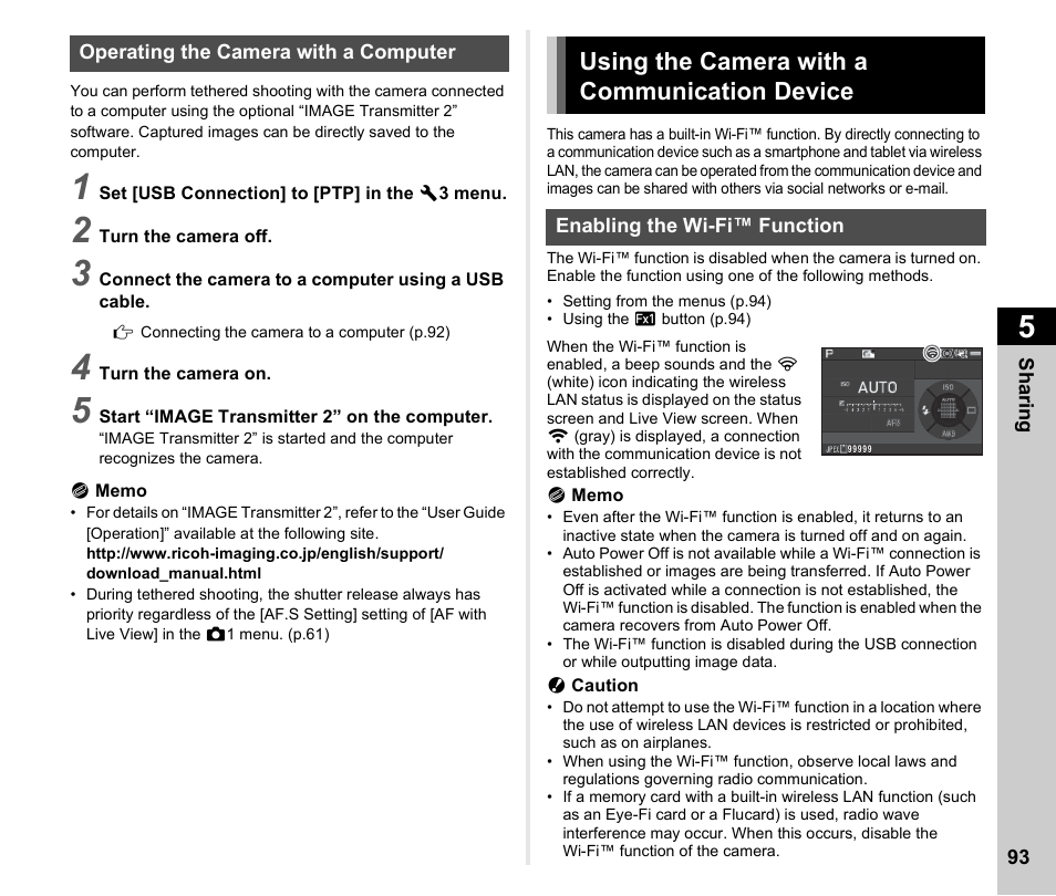 Operating the camera with a computer, Using the camera with a communication device, Enabling the wi-fi™ function | P.93) | Ricoh Pentax КP User Manual | Page 95 / 148