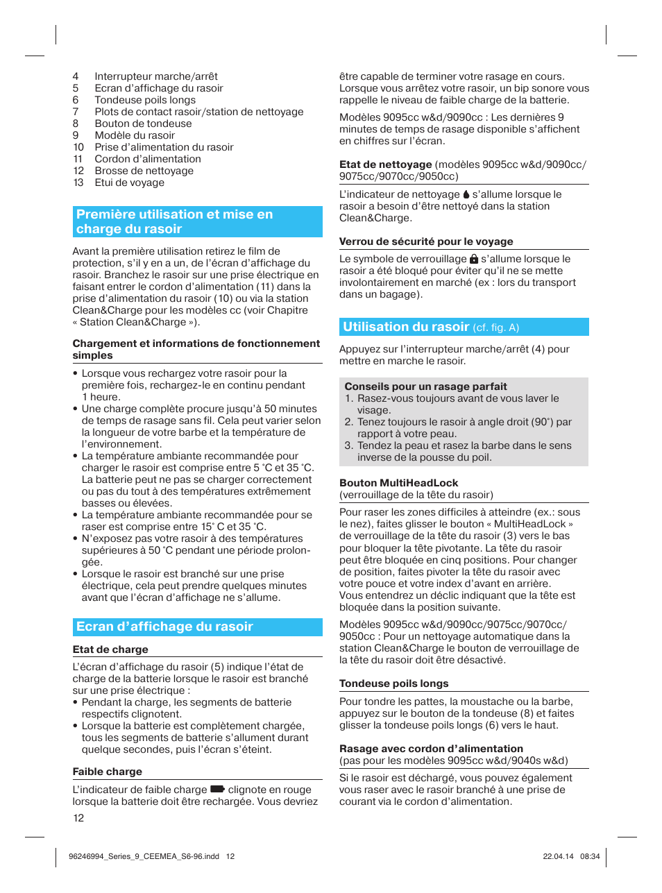 Première utilisation et mise en charge du rasoir, Ecran d’affichage du rasoir, Utilisation du rasoir | Braun Series 9 User Manual | Page 12 / 92