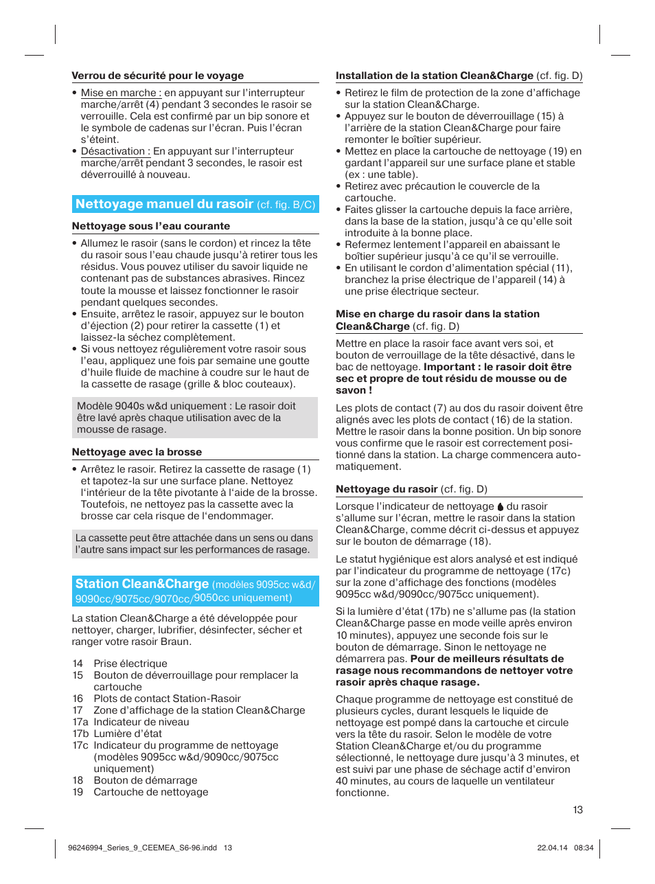 Nettoyage manuel du rasoir, Station clean&charge | Braun Series 9 User Manual | Page 13 / 92