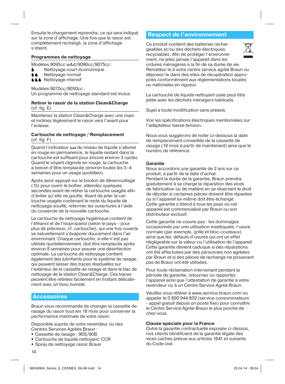 Accessoires, Respect de l’environnement | Braun Series 9 User Manual | Page 14 / 92