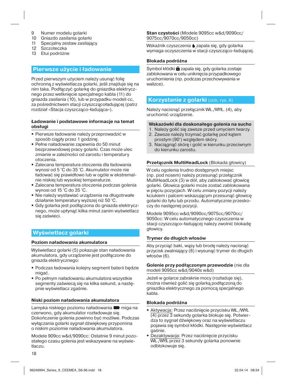 Pierwsze użycie i ładowanie, Wyświetlacz golarki, Korzystanie z golarki | Braun Series 9 User Manual | Page 18 / 92