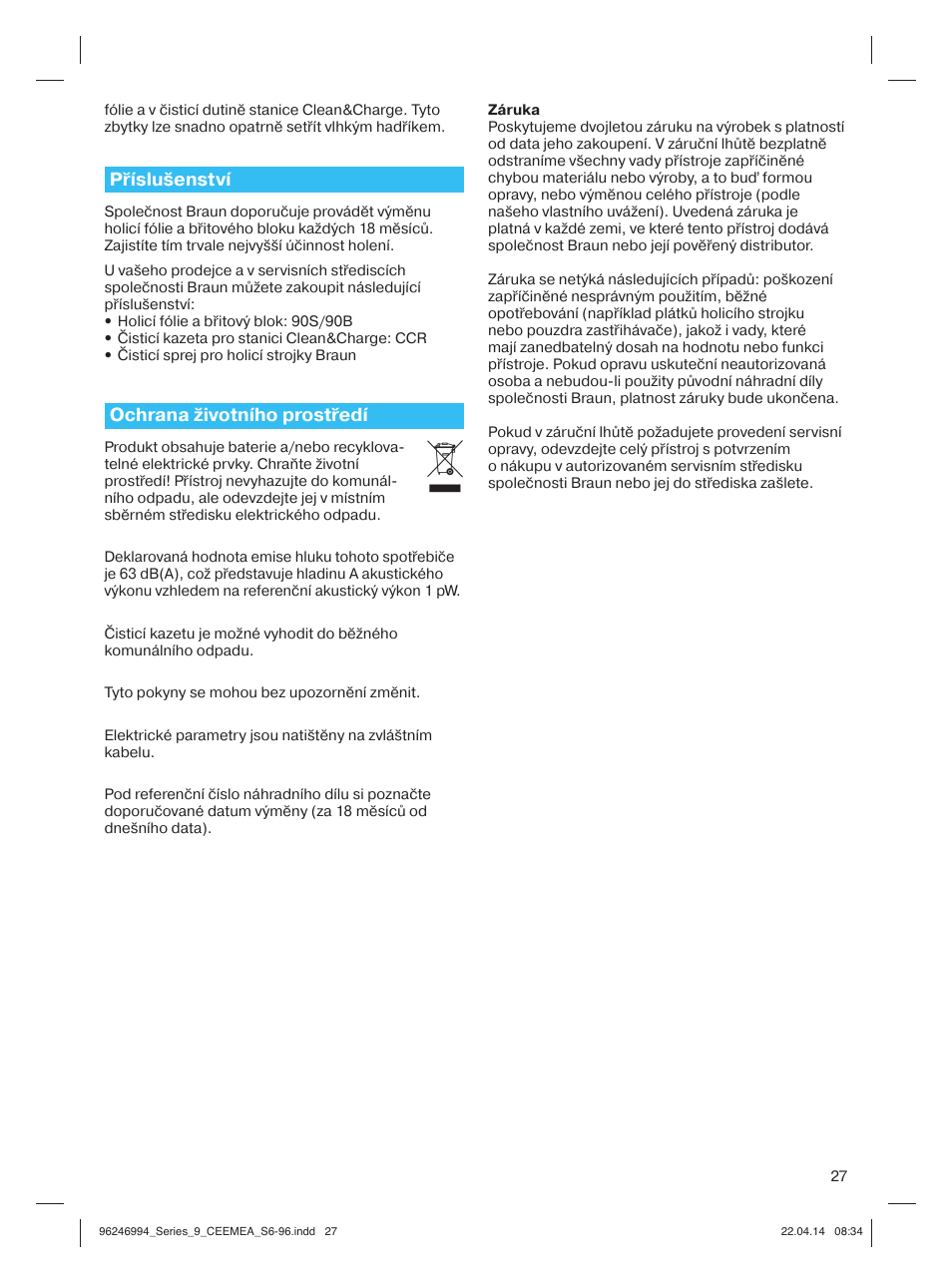 Příslušenství, Ochrana životního prostředí | Braun Series 9 User Manual | Page 27 / 92