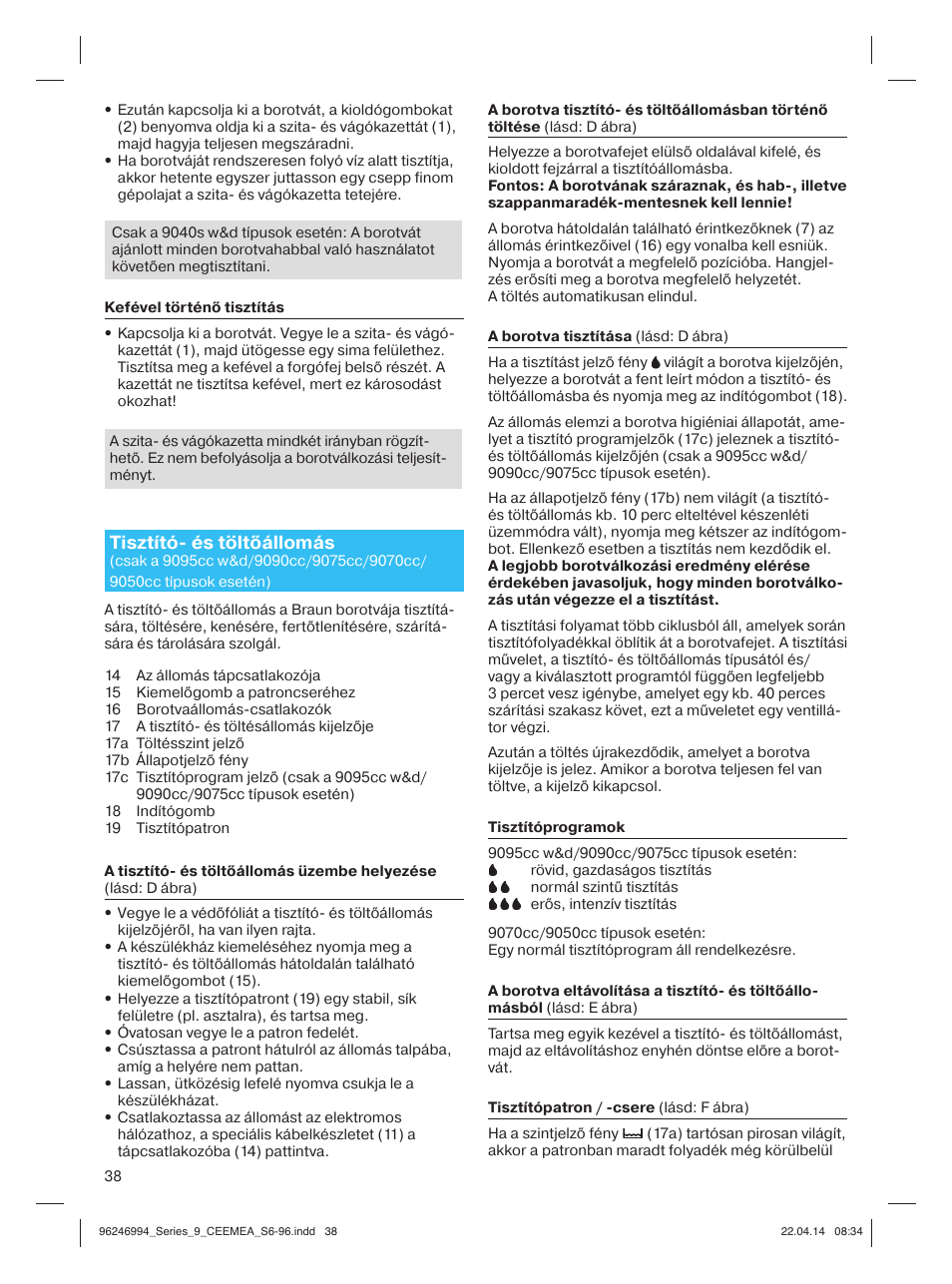 Tisztító- és töltőállomás | Braun Series 9 User Manual | Page 38 / 92