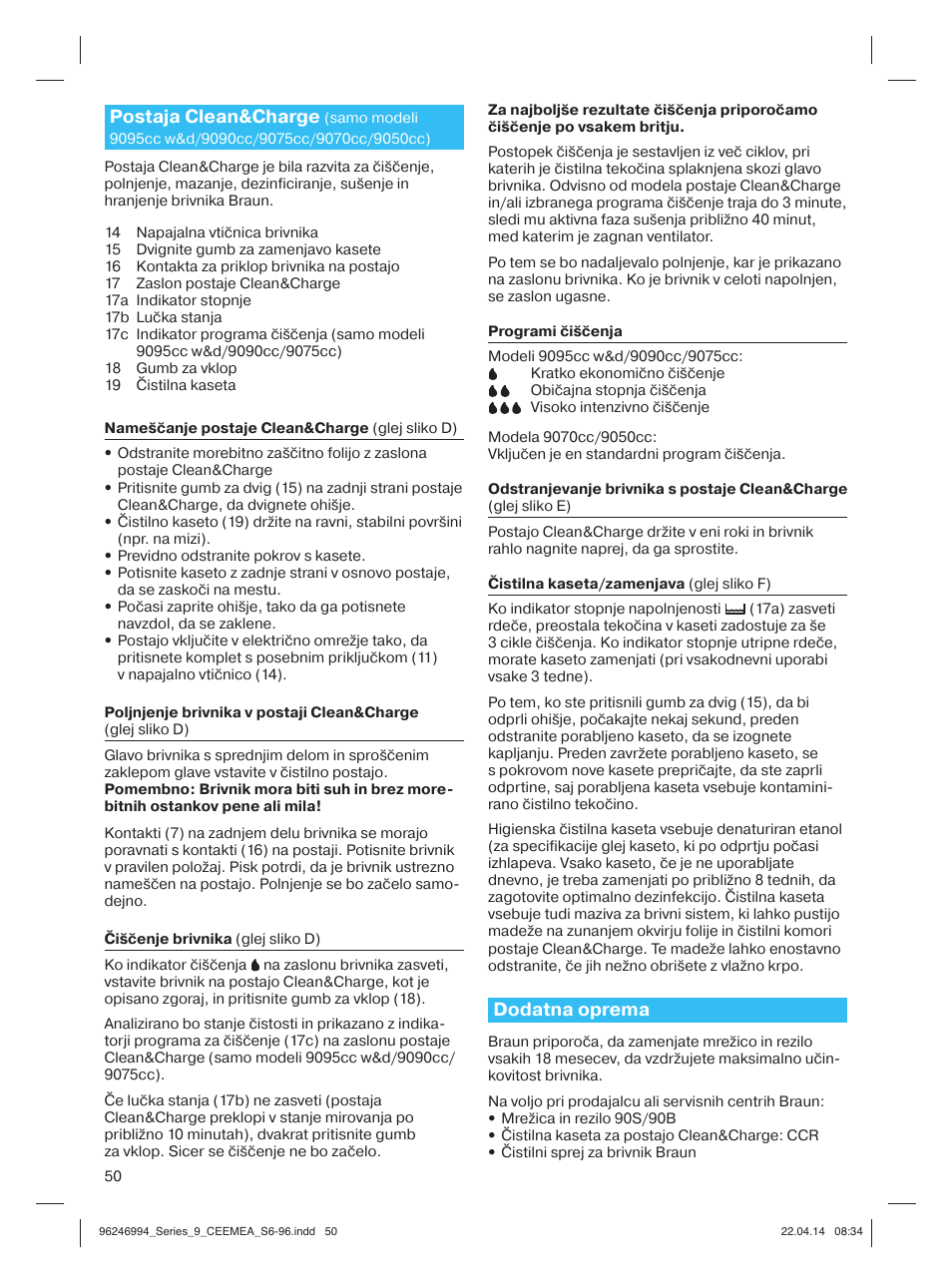 Postaja clean&charge, Dodatna oprema | Braun Series 9 User Manual | Page 50 / 92