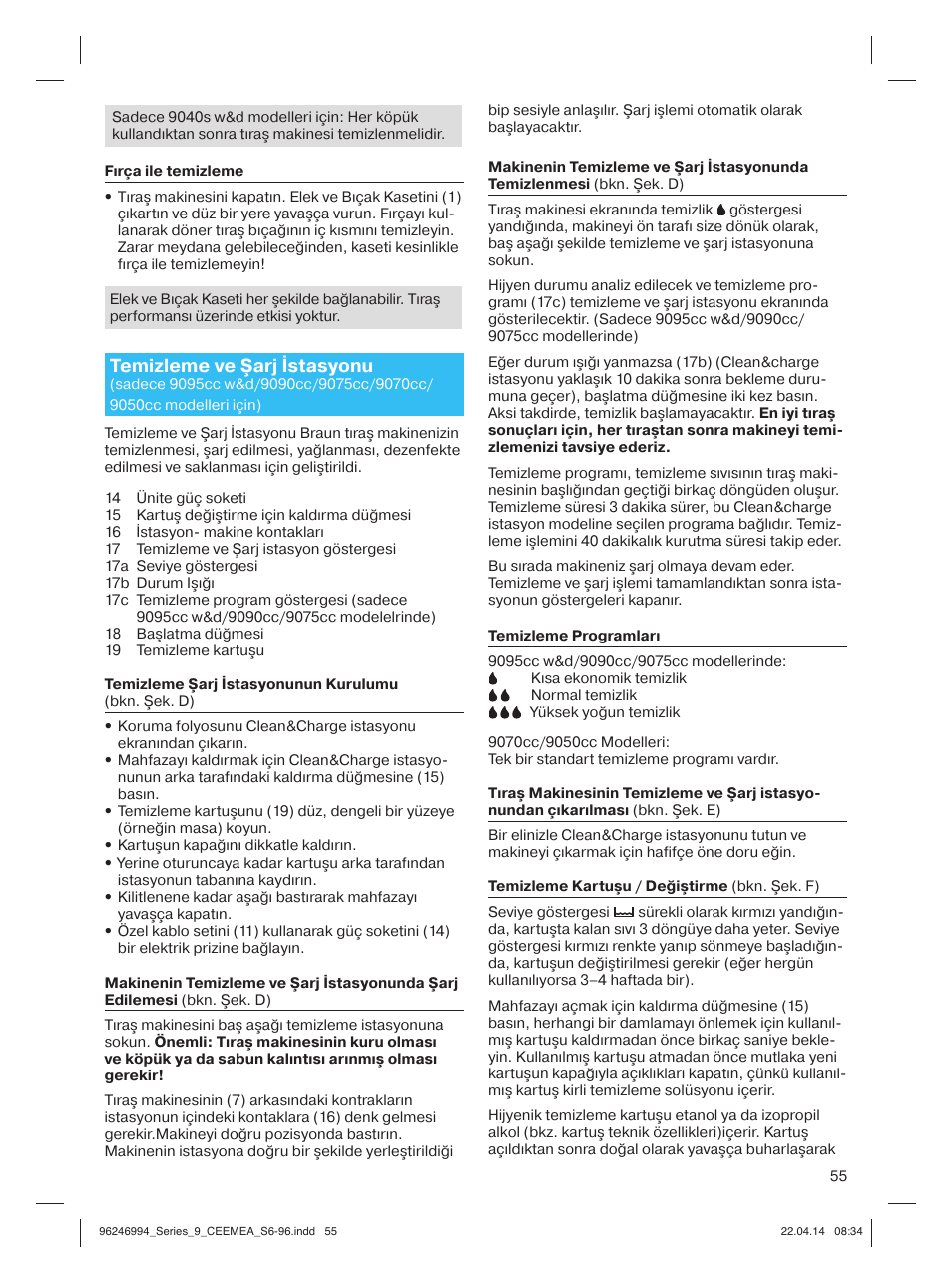 Temizleme ve şarj istasyonu | Braun Series 9 User Manual | Page 55 / 92