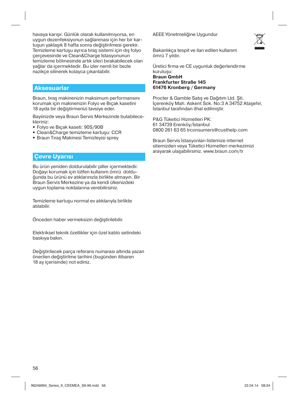 Aksesuarlar, Çevre uyarısı | Braun Series 9 User Manual | Page 56 / 92