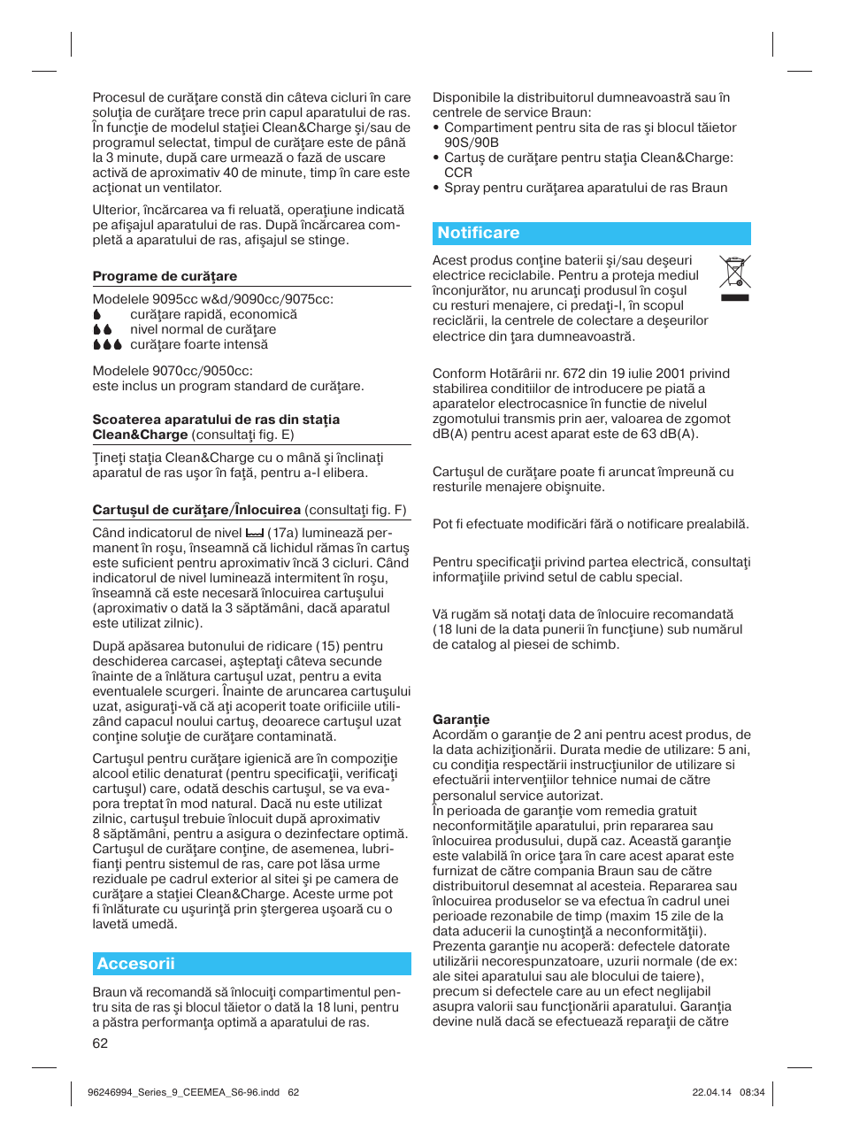 Accesorii, Notificare | Braun Series 9 User Manual | Page 62 / 92