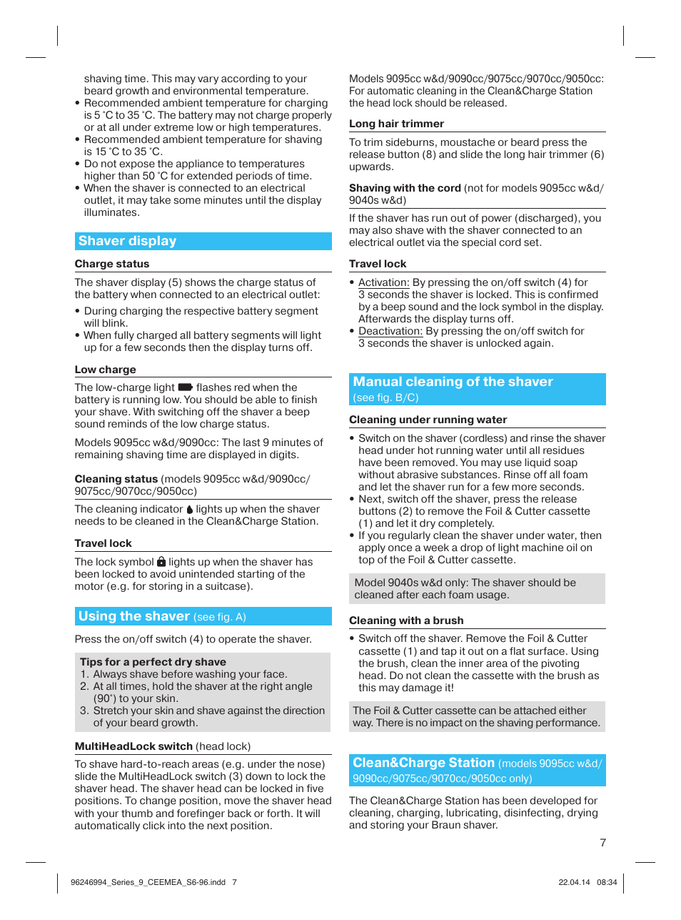 Shaver display, Using the shaver, Manual cleaning of the shaver | Clean&charge station | Braun Series 9 User Manual | Page 7 / 92