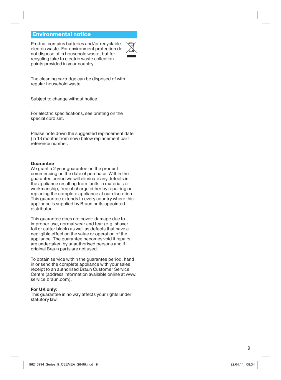Environmental notice | Braun Series 9 User Manual | Page 9 / 92