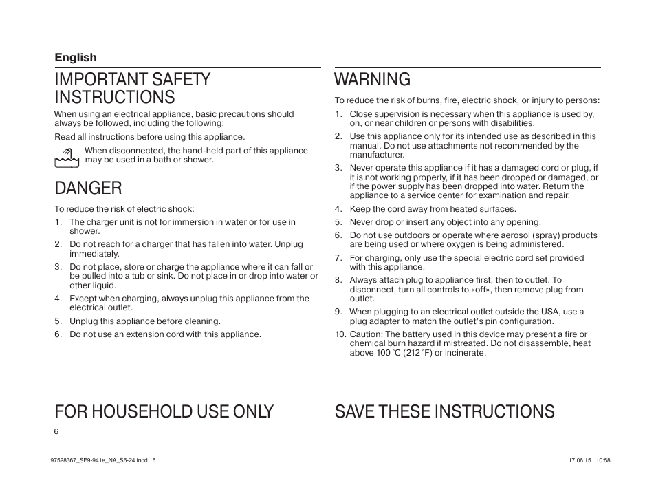 Important safety instructions, Danger, For household use only warning | Save these instructions, English | Braun Silk-épil 9 SkinSpa  5377 User Manual | Page 5 / 20