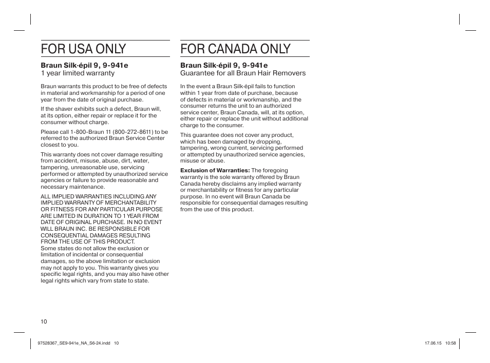 For usa only, For canada only | Braun Silk-épil 9 SkinSpa  5377 User Manual | Page 9 / 20